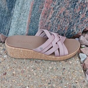 Skechers Arch fit pink stretchy strap cork wedge platform slide sandals womens